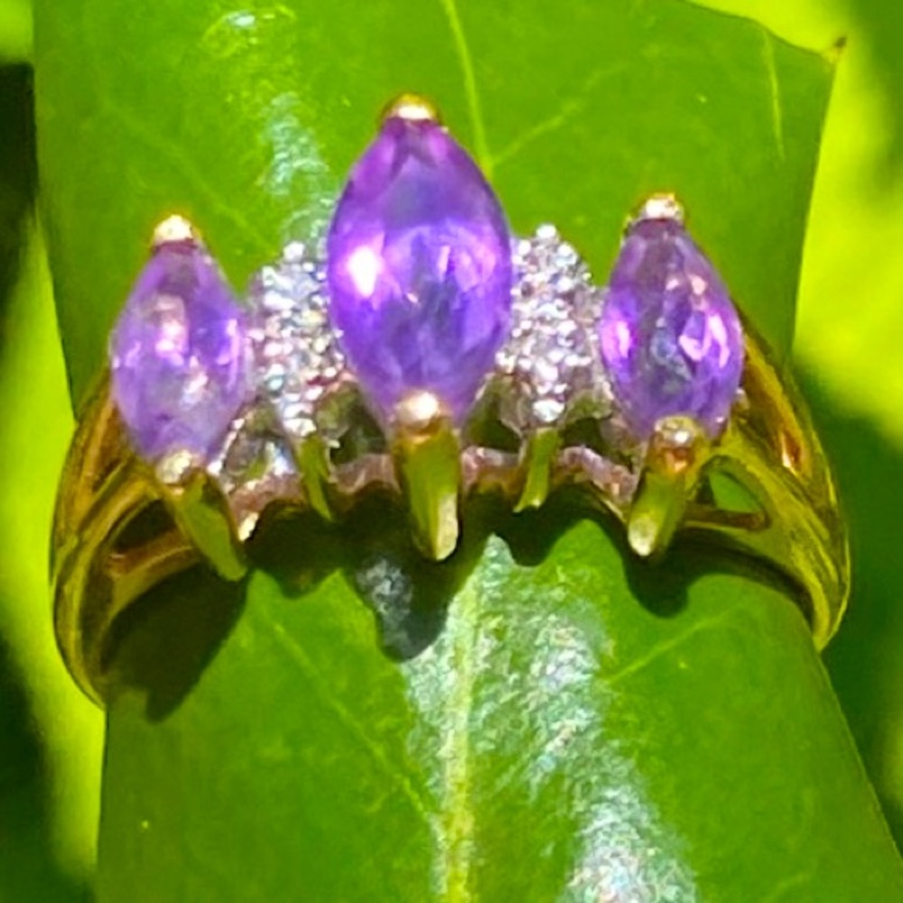 14K Yellow Gold Marquise-Cut Amethyst Diamond Accent Vintage Ring Size 5.25